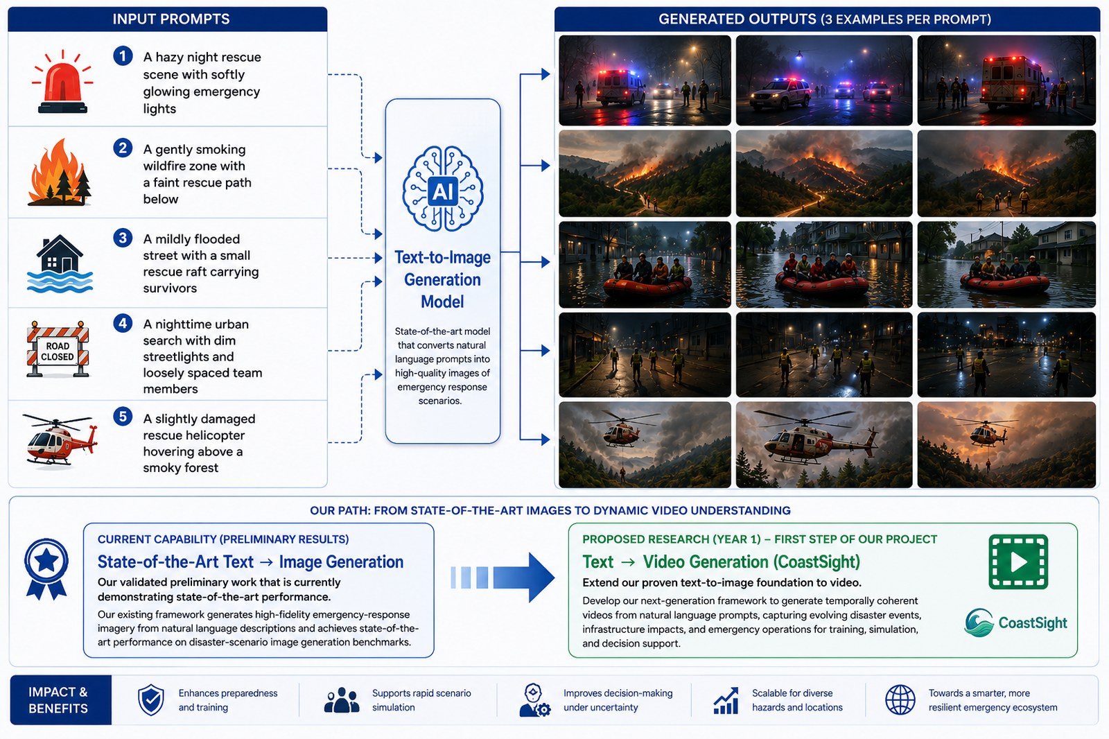 Diagram of the CoastSight pipeline: five input prompts feed a text-to-image generation model, which produces three generated outputs per prompt, spanning night rescues, wildfires, flooding, urban search, and helicopter operations.